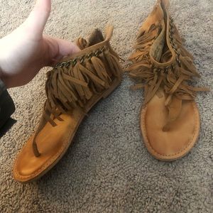 camel color fringe sandals. Only worn once